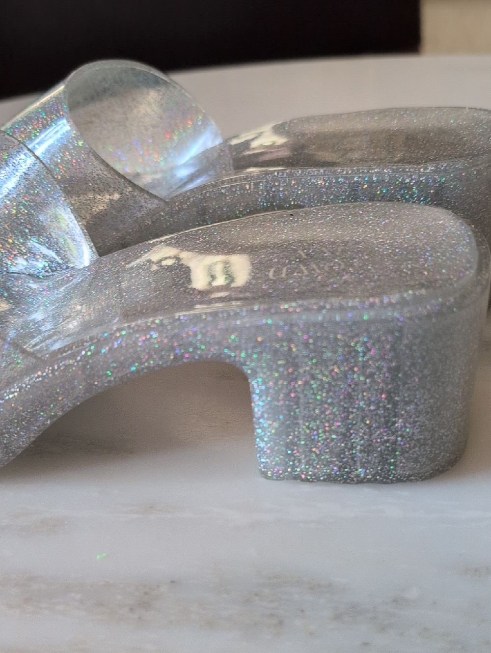 Crown And ivy Silver Glitter Block Heel Slide Sandals - Women's - Picture 7 of 9
